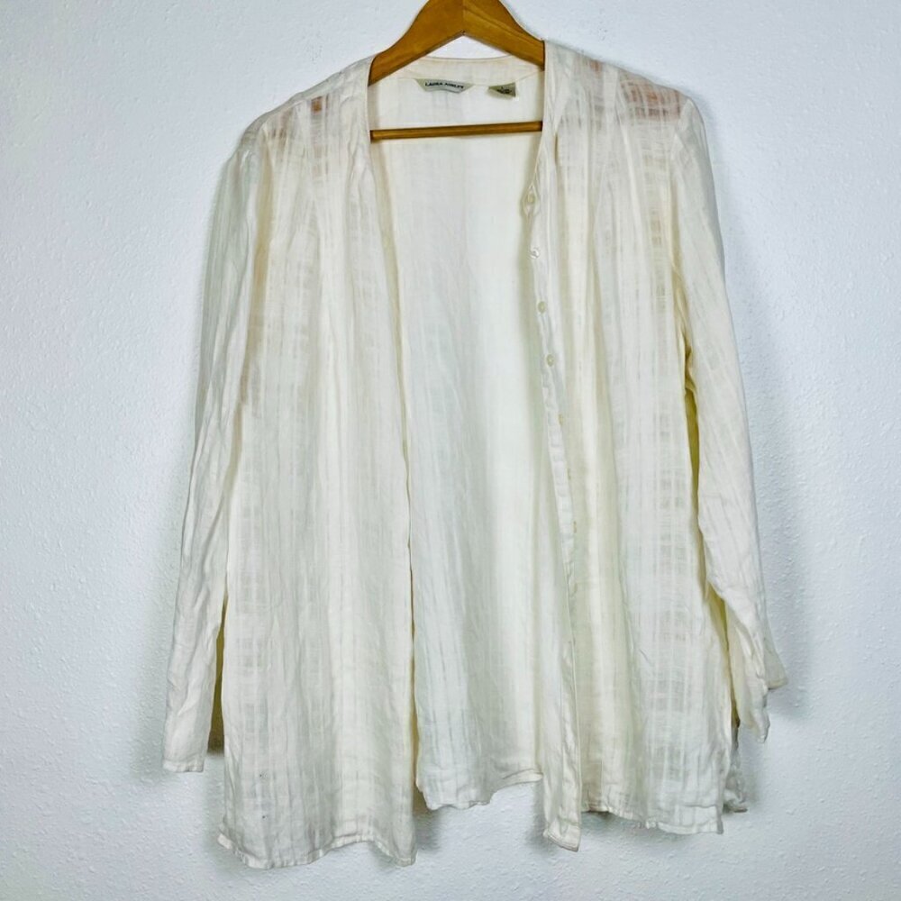 Laura Ashley 100% Linen White Woven Texture Button Down Size Large